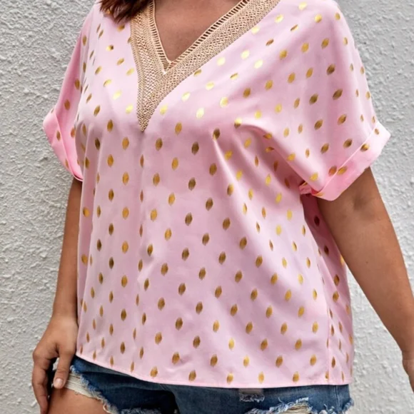 Guipure Lace, Gold Metallic Print, Soft Pink Blouse - Picture 8 of 13